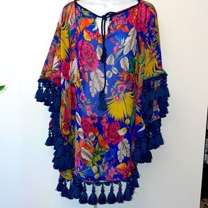 Amazing handmade sheer tropical floral poncho with tassels